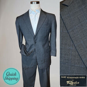 Hart Schaffner Marx 44R 38x29 Blue Gray Plaid Nailhead USA Quality Suit